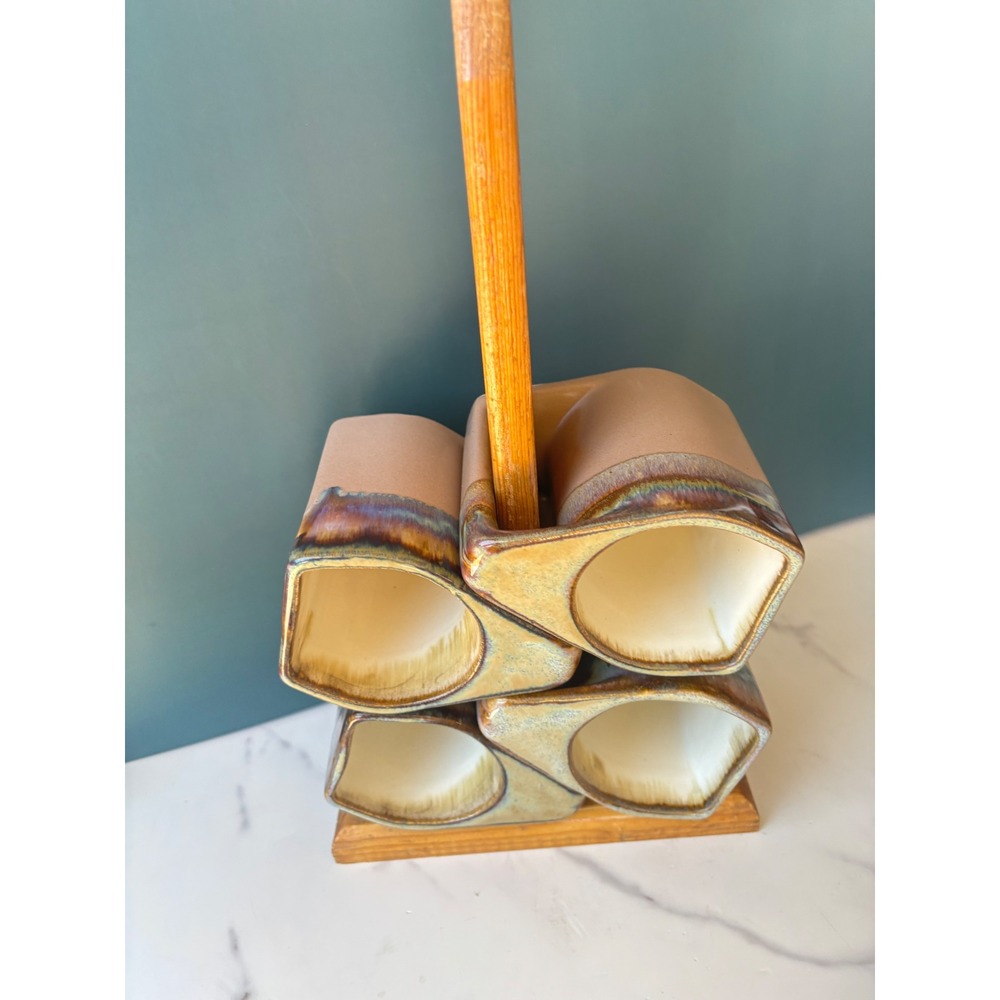 Vintage Padilla Stoneware Nesting Mugs Set of 4 with Wood Stand Drip Glaze Triad